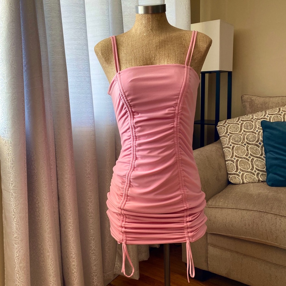 PINK RUCHED MINI DRESS